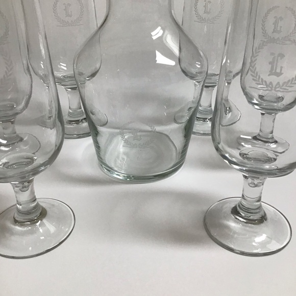 Letter L Monogram Wine Decanter Carafe 6 Glasses SET Etched Clear Glass Barware - Picture 2 of 16